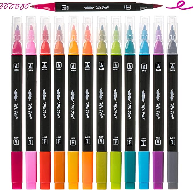 Mr. Pen- Dual Tip Brush Pens, 12 pcs, Vibrant Colors, Brush and Fine Tip Marker, Dual Tip Markers, Art Markers for Adults