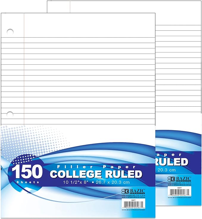 BAZIC Products College Ruled Filler Paper, 150 Sheets, 10.5" x 8", 2-Pack