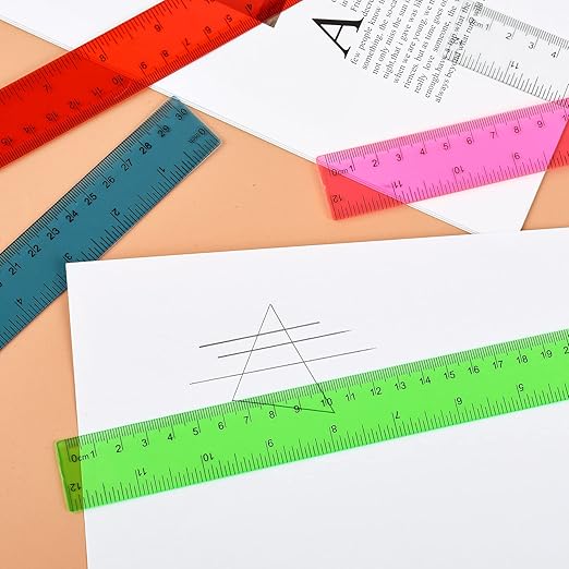 Unjoo Clear Plastic Ruler 12 Inch Straight Rulers, Bulk Assorted Colors, Shatterproof Ruler with Inches and Centimeters for School Classroom, Home, or Office (8 Pack)