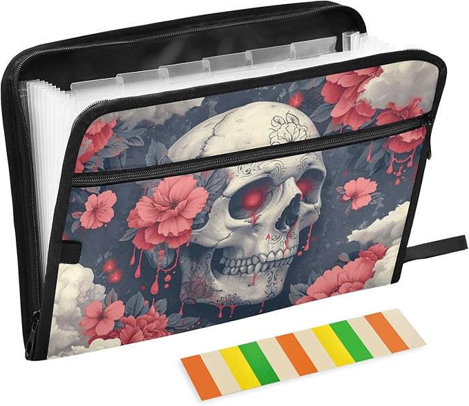 Skull Head with Flower 13 Pocket File Organizer Expanding File Folder with Front Pouch Portable Business Fire Storage Document Organizer Folder with Zipper