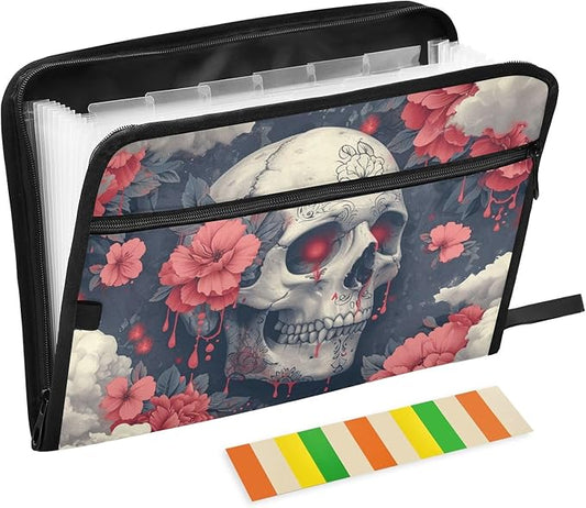 Skull Head with Flower 13 Pocket File Organizer Expanding File Folder with Front Pouch Portable Business Fire Storage Document Organizer Folder with Zipper