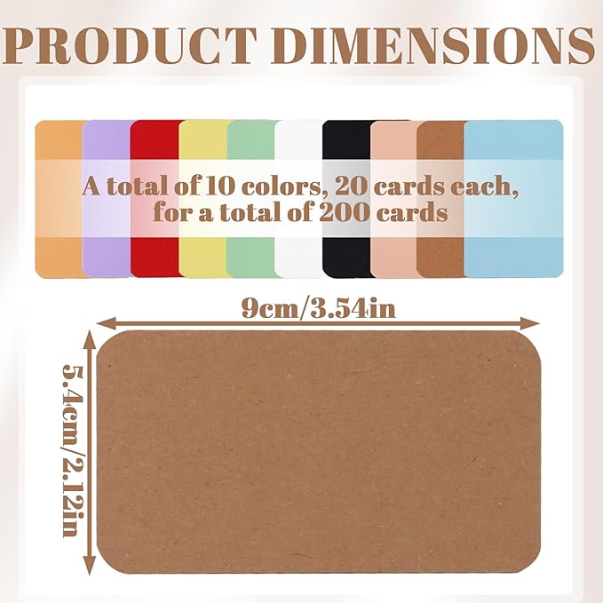 200 Pieces 3.5" x 2.1" Index Cards, Thick Blank Flash Card for Studying, Double Side Colored Note Cards Flashcards for Art Sketching Writing Recording Home Office Supplies (10 Colors)