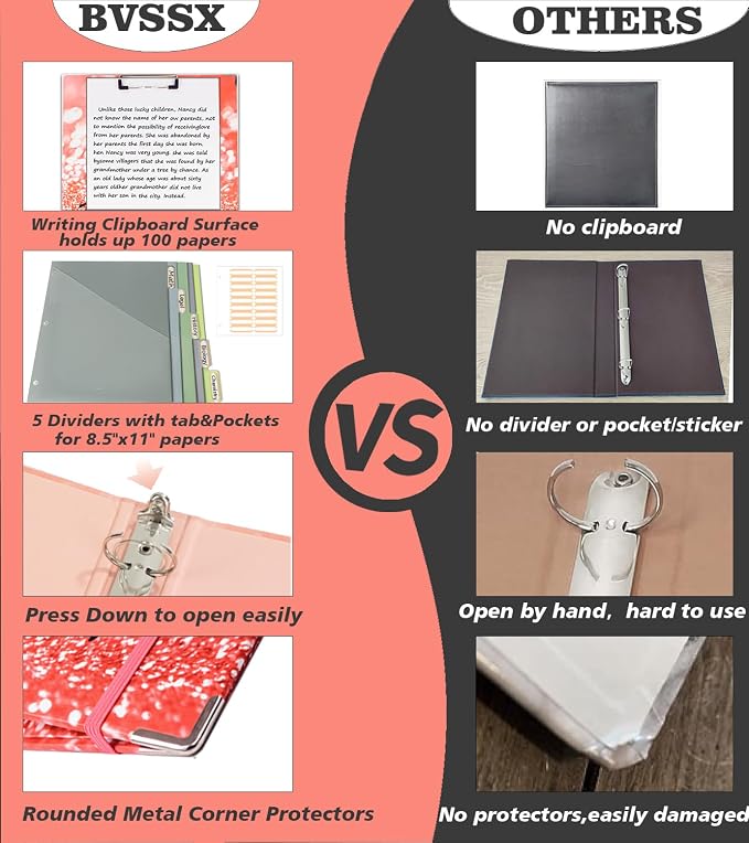 3 Ring Binder 1 Inch, Three Ring Binders Organizer with Clipboard, 5-Tabs Pockets Dividers, Plastic Folder, 18 Divider Stikers, BVSSX Pink Decorative Binder with Pen Loop (Stay Positive, Letter Size)