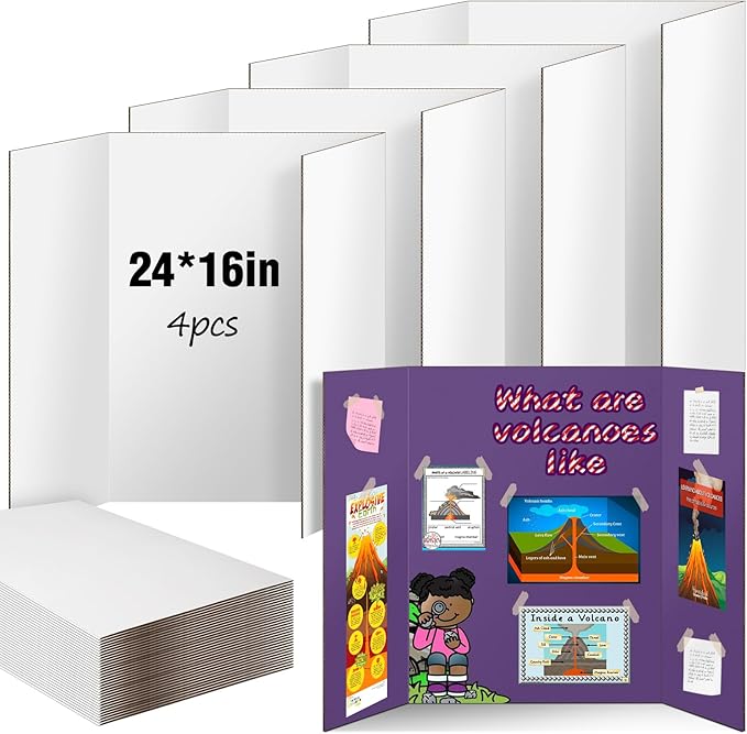 Trifold Poster Board 4 Pack, IKAYAS 24 X 16 Inch Double Sided White Poster Boards, Science Fair Display Boards Presentation Boards for Mounting, Prints, Art, Display, Projects Classroom Supplies