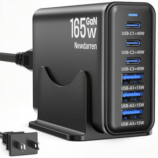 Charging Station for iPhone 17, 165W GaN 6-Port USB C Fast Charger Block, 3 Type-C Each 40W Desktop Charging Hub for Multiple Devices, 5ft Cord - Ideal for Home Office Travel Black