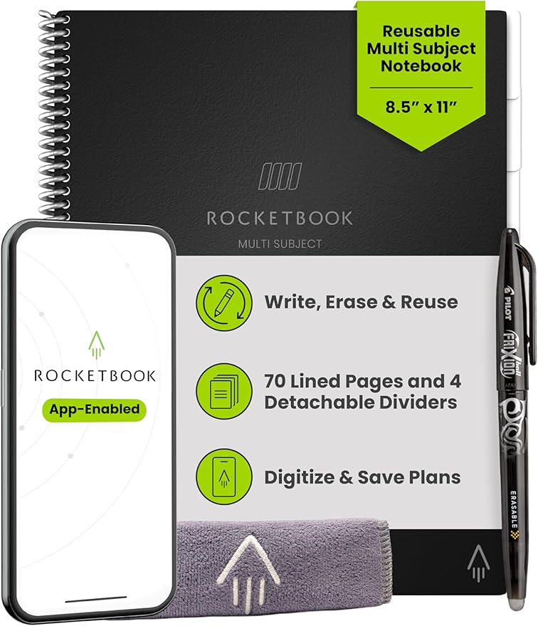 Rocketbook Multi-Subject Reusable Smart Notebook, Notebook For School and Work, 70 Lined Pages Multi-Subject, 4 Adjustable Dividers, Letter Size 8.5x11, Black
