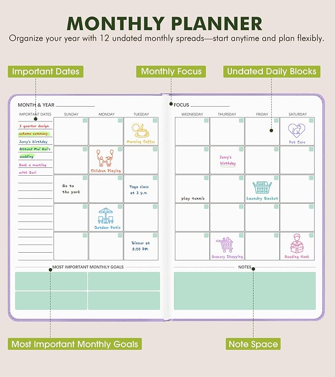 Undated Weekly and Monthly Planner, Hardcover Leather Calendar Blank Planner, Simplified To Do List Notebook with Goal & Habit Tracker Organizer, A5 Daily Weekly Planner for Work School Home, Purple
