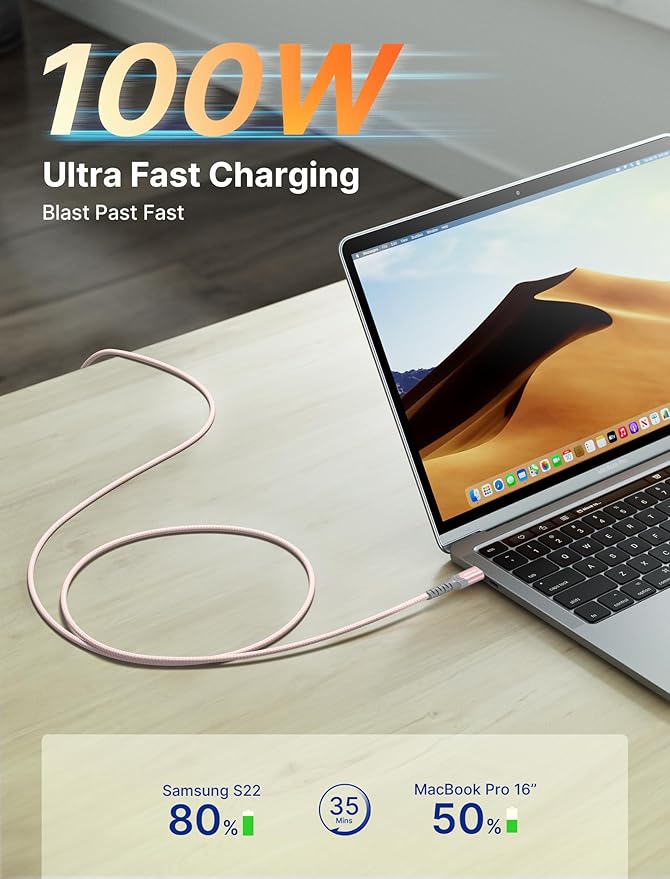 JSAUX 3-Pack USB C to USB C Cable 100W [10ft/6.6ft/3.3ft] Compatible with iPhone 17 Air 16 15 Pro Max Samsung Galaxy S25 S24 CarPlay iPad Pro, Type C to C Charger Cable Fast Charging - Pink