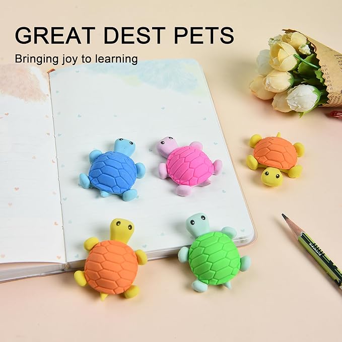 HILAZA 16 Pcs Cute Turtle Pencil Erasers for Kids, Novelty Rubber Turtle Desk Pet Erasers for Classroom Favors Party Supplies