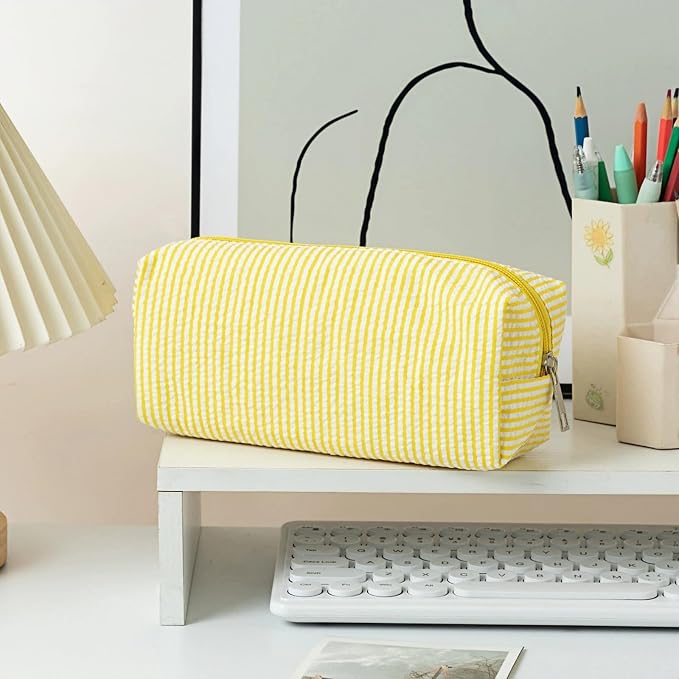 Cute Large Capacity Pencil Case | Aesthetic Striped Pencil Pouch for Office Supplies Organizer (Yellow)