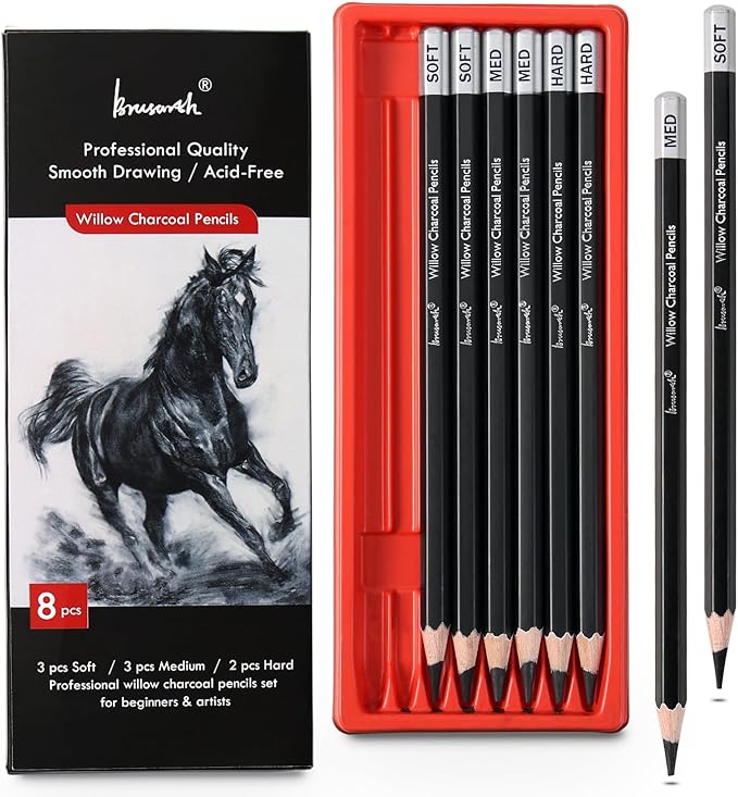 Brusarth Professional Charcoal Pencils Drawing Set - 8 Pieces Soft Medium and Hard Willow Charcoal Pencils for Drawing, Sketching, Shading