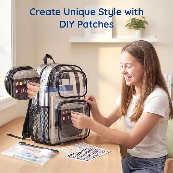 mommore Clear Backpack Set for School, Large Heavy Duty Transparent Bookbag with Pencil Bag for Boys Girls, 17 inch See Through PVC Plastic Backpack with DIY Patches for College Work Casual