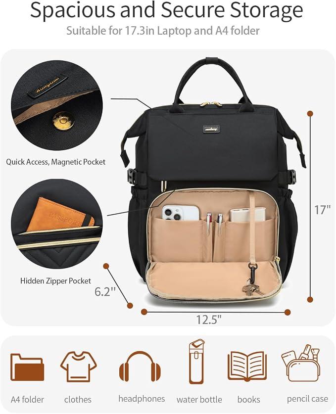Laptop Backpack for Women 17.3in, College Bookbag School Backpack for High School Teen Girls, Work Bags with Cup Holder & USB Charger for Teacher Nurse Travel, Black