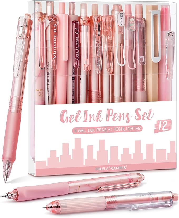 Four Candies Gel Pens, Cute Pink Pens Black Ink, 0.5mm Fine Point, 12-Pack | Back to School Supplies, Office Essentials for Women, Girly Stationery Set, Aesthetic Desk Decor & Accessories - Rose