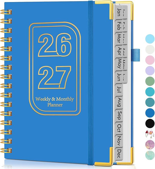 Planner 2026-2027, 18 Months Weekly and Monthly Hardcover Planner, January 2026 - June 2027, 5.75" x 8.38" A5 Daily Calendar Planner Book with Tabs, Spiral Yearly Agenda Organizer Notebook for School Work Home, Navy