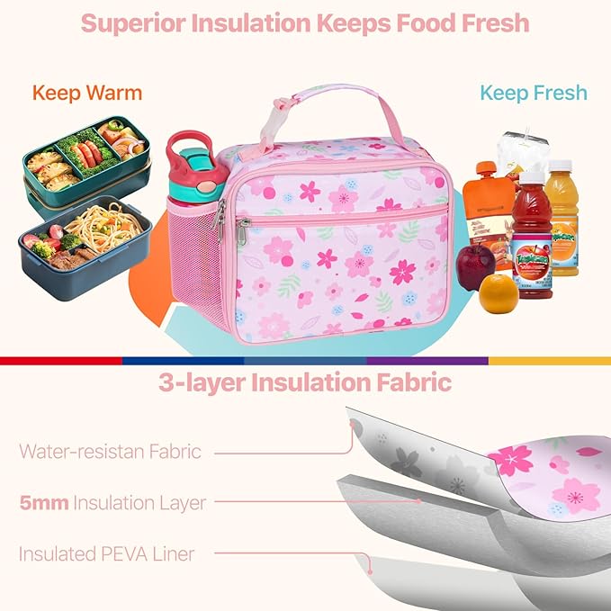 Bagseri Kids Lunch Bag Girls - Thermal Insulated Lunch Box Tote with Water Bottle Holder, Reusable Leak-Proof Kids Lunch Box for Daycare & School, Pink Floral (Containers Not Included)