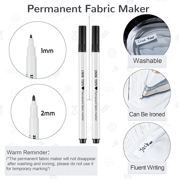 100 Pieces Precut Iron on Labels for Clothing and 2 Pcs Permanent Fabric Markers Laundry Marker Personalized Blank Clothing Name Tags for Nursing Homes, Camp, College, and Uniforms, 3 Size