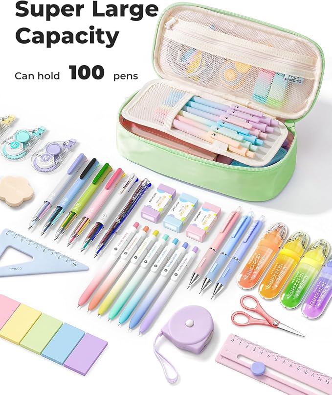 Four Candies Large Pencil Case, 5 Compartments Canvas Pen Organize | Big Capacity Pencil Pouch Bag for School Supplies, Portable Stationery Holder for Teen Girls Boy Men Women