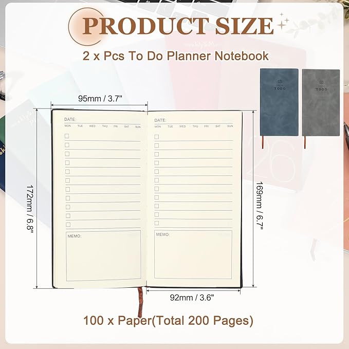 PATIKIL 2Pcs Planner Notebook, A6 100 Sheets Undated to Do List Daily Weekly Monthly Goals Tracker Pocket Notebook for Office Study Time Management Fitness Weeding, Grey/Dark Blue