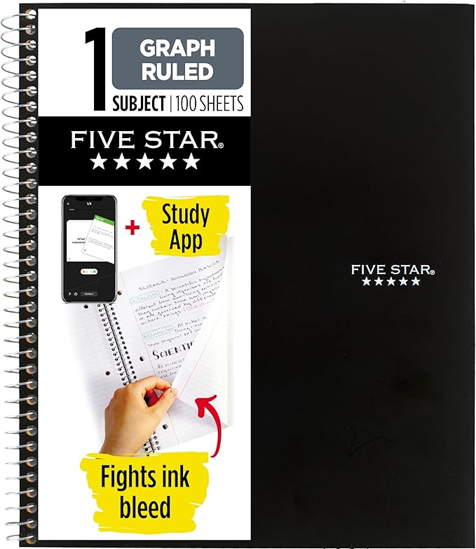 Five Star Spiral Notebook + Study App,1 Subject,Graph Ruled Paper,8-1/2" x 11",100 Sheets,Fights Ink Bleed,Water Resistant Cover,Black (73679),(Pack of 12)