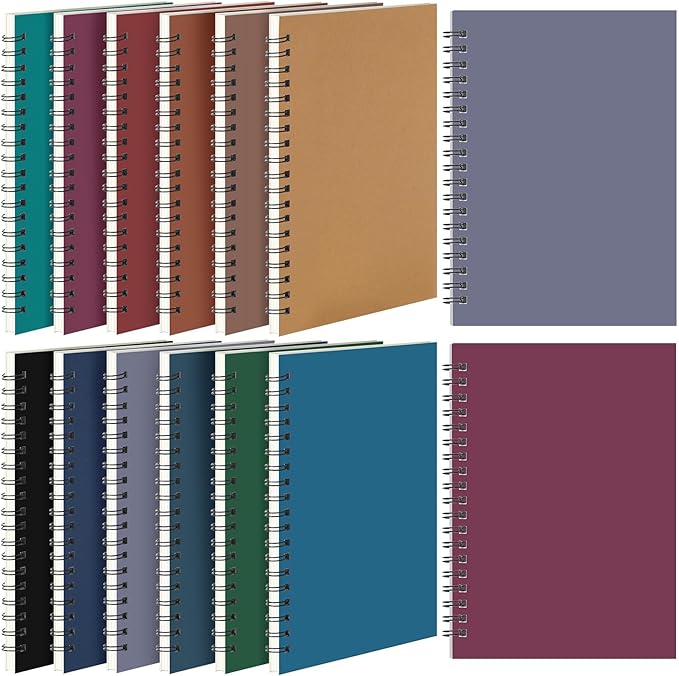 Leelosp 12 Pcs Small Spiral Notebook Lined Spiral Journal College Ruled Notebook Wire Bound Kraft Cover, 120 Pages for Work (Dark Color,5 x 7 Inch)