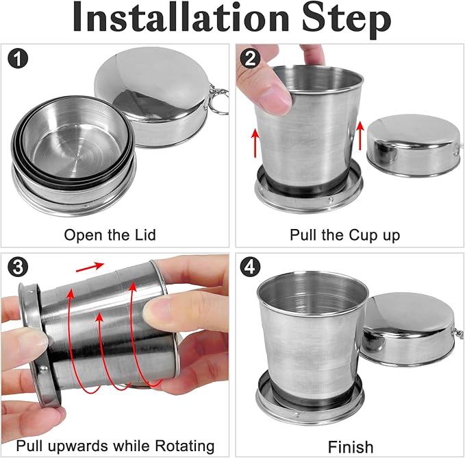 Guyuyii 3 Sizes Stainless Steel Collapsible Cups with Lids & Keychains | Portable Telescopic Drinking Travel Mugs | Foldable Metal Shot Glasses for Camping, Hiking & Outdoor Survival | Dishwasher Safe