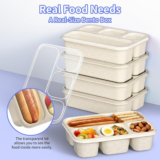 Bento Box 5-Pack, 4-Compartment Lunch Box for Women, Men & Kids, BPA-Free Wheat Straw Snack Containers, Ideal for Meal Prep, Travel, School, Work (White)