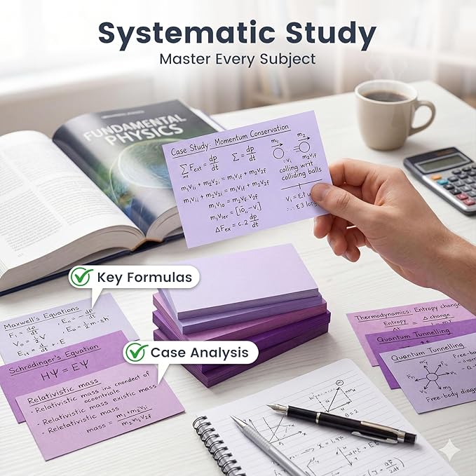 300 Count Index Cards 3 x 5 Inch, Purple Flash Cards for Studying, Cute Notecards for Home, Office, Recipe, School, College Supplies, To Do List, 5 Purple Colors