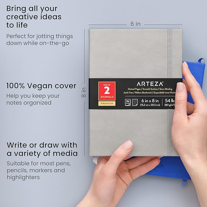 ARTEZA Dotted Journals, Pack of 2, 6x8 Inches, 96 Sheets, Cobalt Blue and Gray, Hardcover Notebooks with Smooth Paper