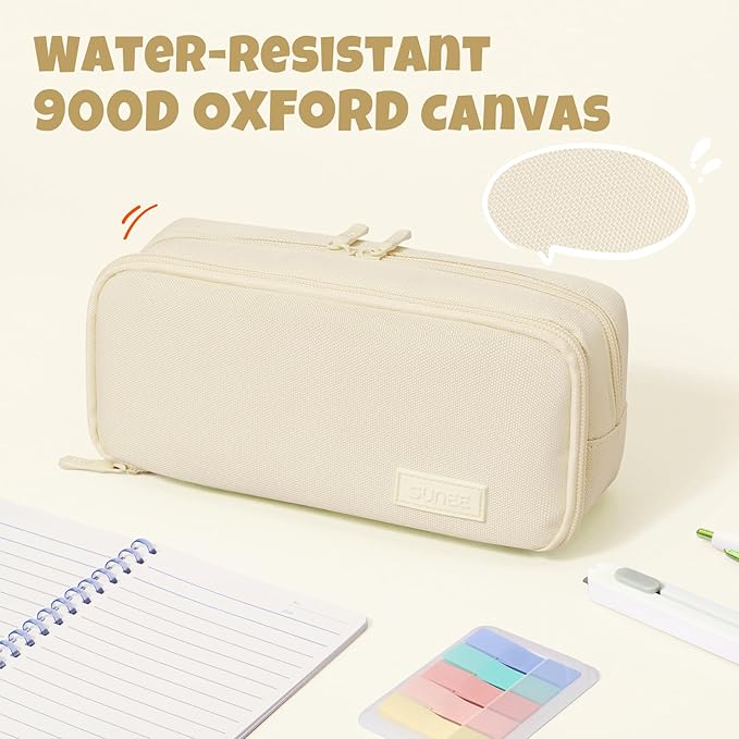 SUNEE Pencil Case, Large Capacity Pencil Pouch, Aesthetic Big Pen Bag 900D Oxford Pen Box for Office Stationery Organizer School Supplies Multifunctional for Teen Boys Girls Women Men, Beige