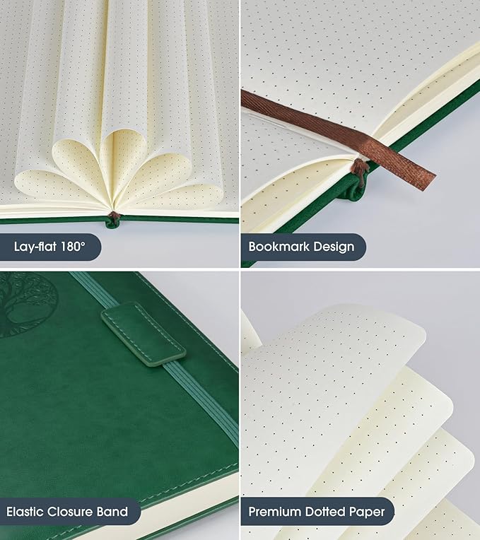 Biuwory Dotted Journal Notebook for Women Men, 140 Pages Hardcover Dot Grid Notebooks for Work, School & Travel, Leather Journals for Writing, Bullet Journaling 5.7"×8.3" (Green)