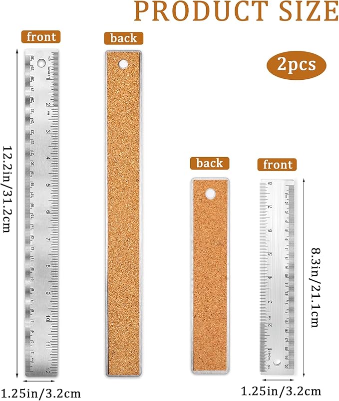 Stainless Steel Metal Ruler - 8 Inch & 12 Inch, Non-Slip, Cork Backed, Straight Edge, Inch & Centimeters for Students, School, Office, Drafting Tools