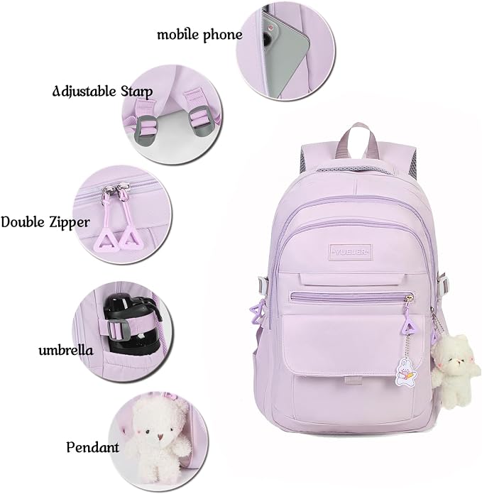 PRLINJSK Girls Backpack for College High Middle School Student, Cute Aesthetic Bookbag for Teens Women with Accessories，Purple