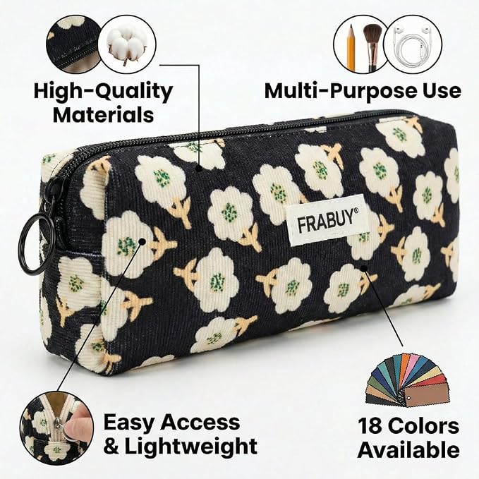 Soft Corduroy Pencil Case Pen Pouch Organizer, Small Stationery Bag | Cute black plum blossom pencil pouch, smooth zipper, daily cosmetics holder, compact organizer for school teen girls, women