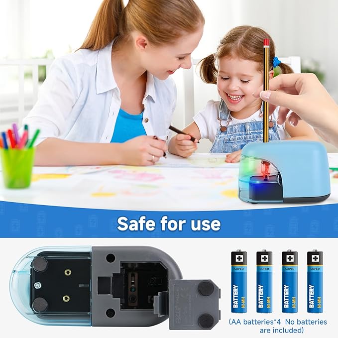 Battery-Operated Electric Pencil Sharpener with LED Light – Compact & Portable Pencil Sharpener for Home, School, or Office Use (Blue)