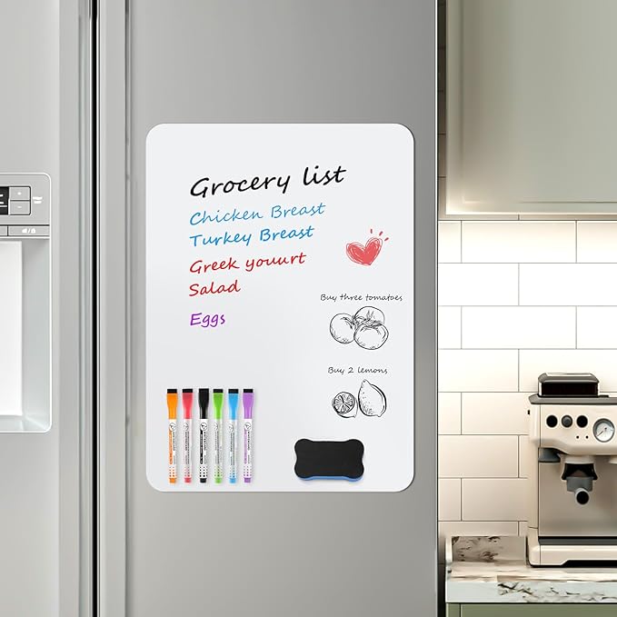 MaxGear 20'' X 13'' inch Magnetic Dry Erase Whiteboard for Refrigerator, Fridge Whiteboard Sheet for Kitchen Fridge Shopping List Notice Board with New Stain Resistant Technology (1 Eraser,6 Markers)