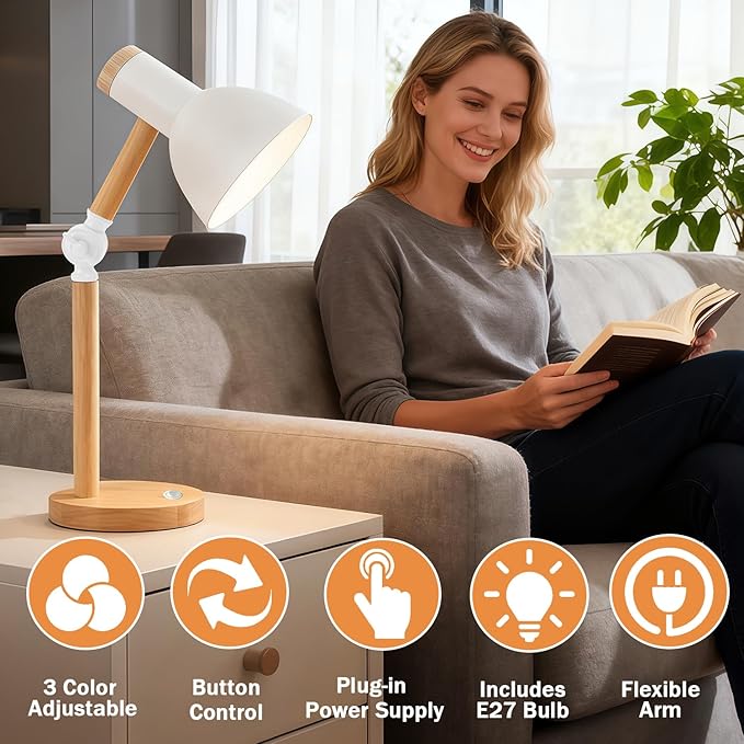 LED Desk Lamps for Home Office, Table Lamp with Adjustable Swing Arm 3 Color Modes Reading Light, Living Room Bedroom Room Lighting Bedside Table Lamps Home Decoration, with E27 Bulb (White lamp)