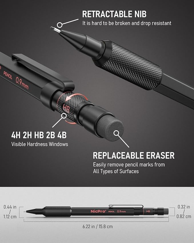 Nicpro 0.9 Metal Mechanical Pencil Set with Case, 3PCS | MP2000 Heavy Duty Lead Pencil + 6 Tube HB Lead Refill, Eraser, Weatherproof Metal Barrel for Outdoor Writing Drafting Drawing