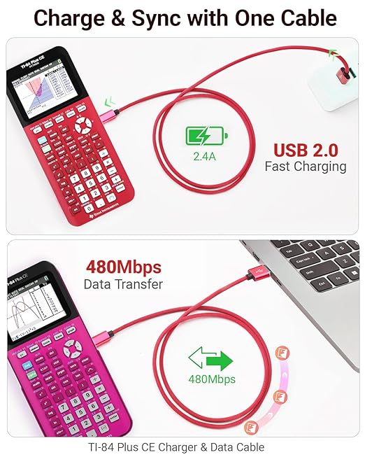 USB Power & Data Cable for TI-84 Plus CE Graphing Calculators, Mini-USB Charging Cord 3.3FT, Nylon Braided, Red