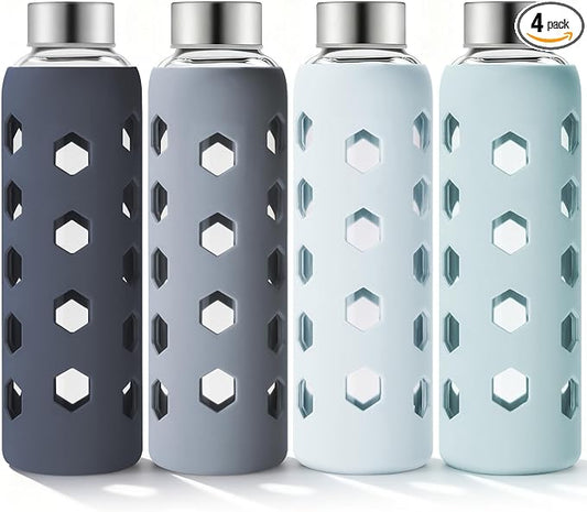 Mrsdry 18 oz Glass Water Bottles with Lids & Silicone Sleeves, 4-Pack | BPA Free, Leak-Proof Reusable Glass Drinking Bottles with Stainless Steel Airtight Cap for Juicing, Dishwasher Safe, Non-Slip