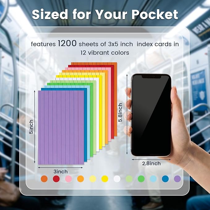Koogel 1200PCS Index Cards 3x5, Colored Ruled Index Cards Bulk for Back To School, Heavy Notecards Memo Scratch Pad for Studying Teachers Classroom Note Taking Office College Supplies, 12 Colors