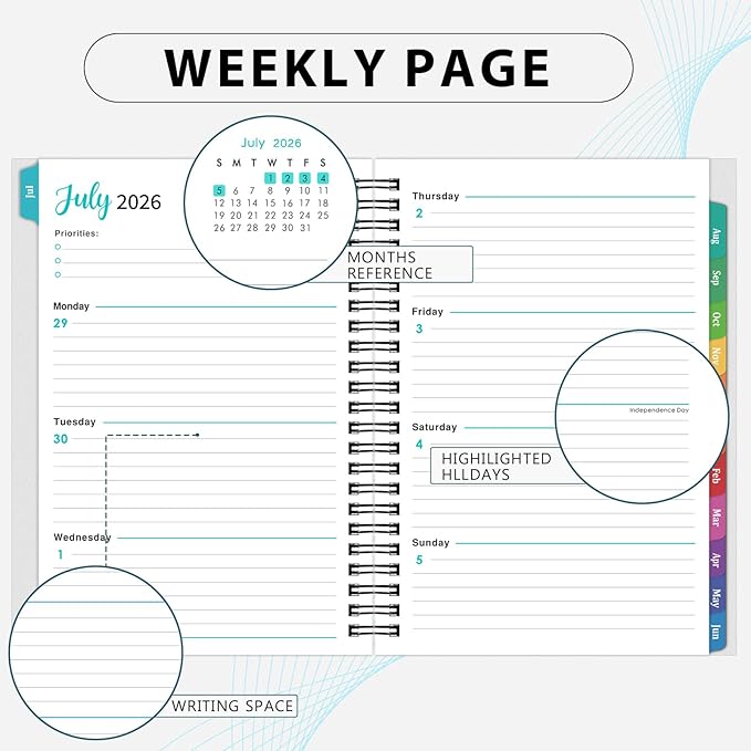 Planner 2026-2027- Academic Planner 2026-2027, JUL.2026 - JUN.2027, 6.4" x 8.3", 2026-27 Calendar Planner, Weekly and Monthly with Waterproof PVC Cover, Colorful Tabs, Spiral Bound, Student Teacher Organizer - Black