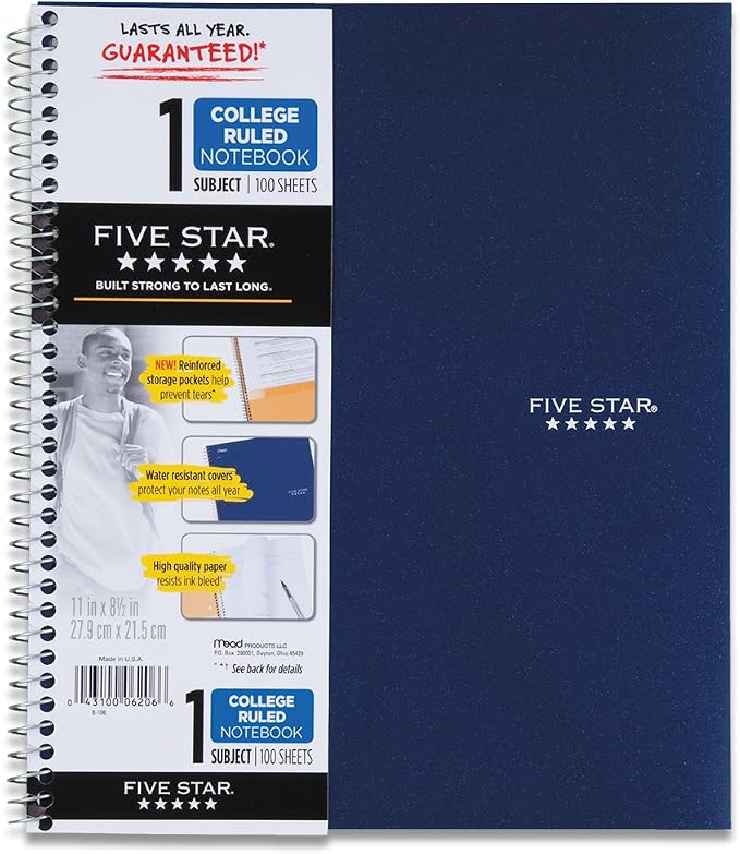 Five Star Spiral Notebook, 1-Subject, 100 College-Ruled Sheets, 11 x 8.5 Inch Sheet Size, Navy (72059)