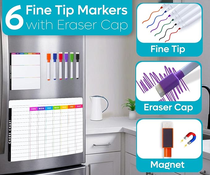 Magnetic Chore Chart Dry Erase Whiteboard Set - Pocket Charts - 2 Pcs Chores Chart for Multiple Kids, Teens & Adults (11.5x15) Each, Daily to Do (7x9) - 4 Markers & Eraser