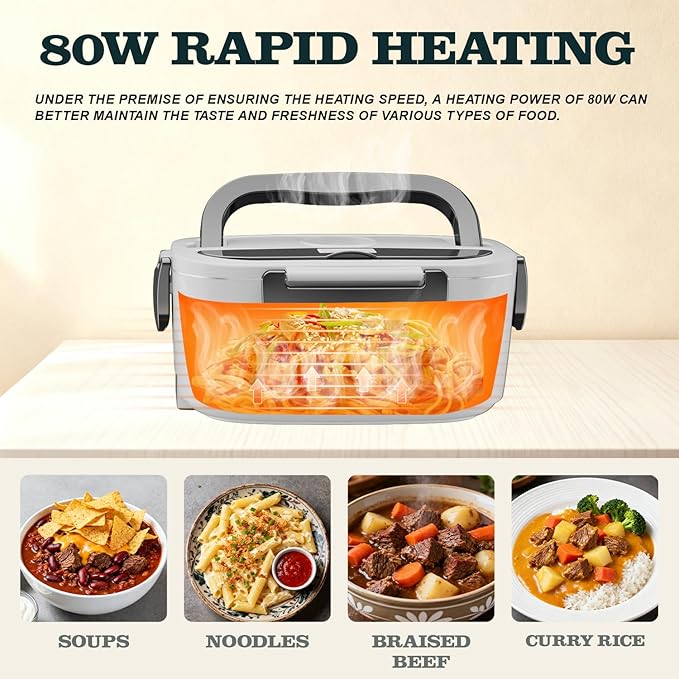 Buddew Electric Heated Lunch Box, 80W Fast Heating, 1.5L Food-Grade 304 Stainless Steel, 12V/24V/110V Portable Food Warmer for Car Truck Office Adults, Lonchera Electrica Portatil (White+Gray)