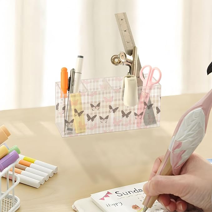 Aslsiy Butterfly (59) Pen Holder for Kids 4 Compartments Acrylic Pencil Holder Clear Makeup Brush Holder Desk Organizer Office Supplies