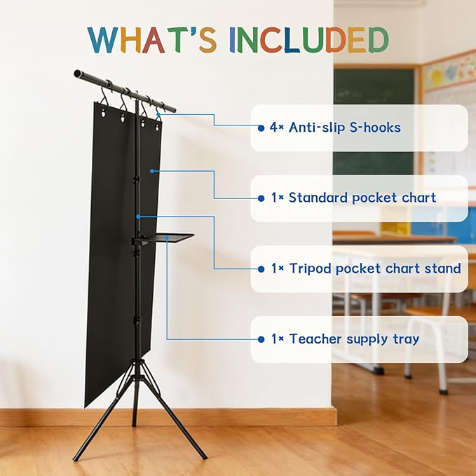 Pocket Chart Stand with Standard Pocket Chart, Height Adjustable Tripod Anchor Holder up to 62.99", 4 Anti-Drop S-Hooks, Teacher Supply Tray for Classroom & Homeschool