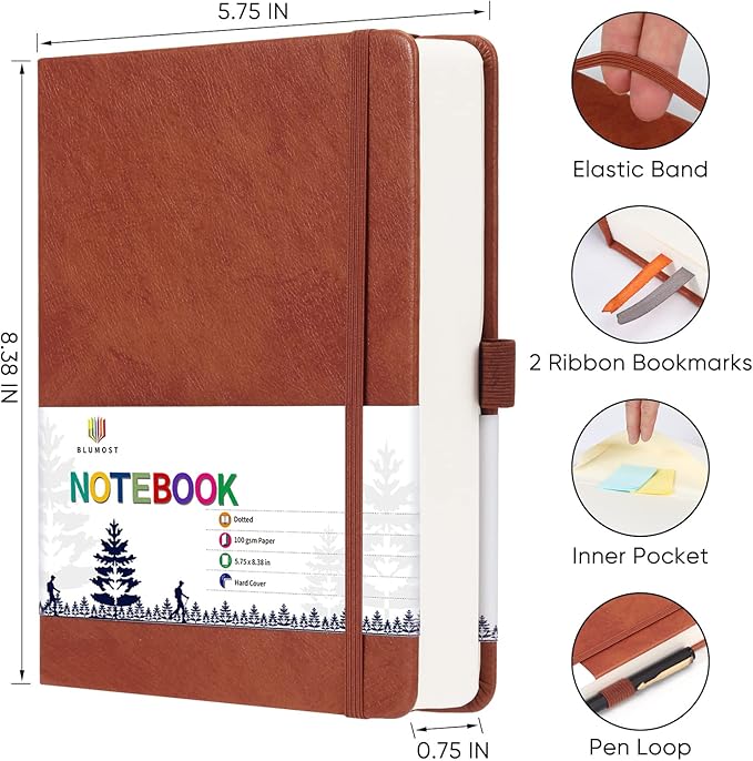 Bullet Dotted Journal Notebook - A5 Dot Grid Notebook with 280 Pages,100gsm Thick Dotted Paper,Leather Hardcover Dotted Journal for Women Men,5.75'' × 8.38''-Brown