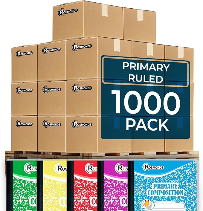 Rosmonde 1000 Pack (Pallet) Bulk Composition Notebook, Primary Ruled Sheets with Drawing Space, 100 Sheets (200 Pages), 9-3/4 x 7-1/2, Writing Journal for Grades K-2 School Supplies, 4-7 Days Transit