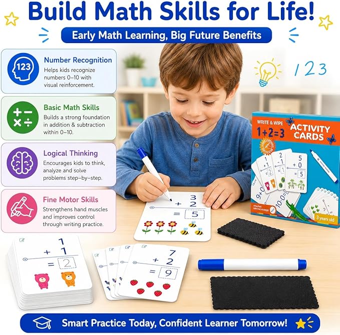 Write & Wipe Activity Cards for Kids, Reusable Tracing Flash Cards, Preschool Handwriting Practice Set, Letter Number Math Learning Activities Ages 3-6 (Addition and Subtraction)